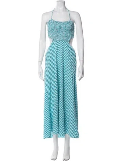 Pre-owned Saylor Plaid Print Long Dress In Blue