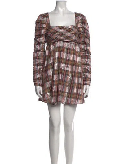 Pre-owned Saylor Plaid Print Mini Dress In Metallic/pink