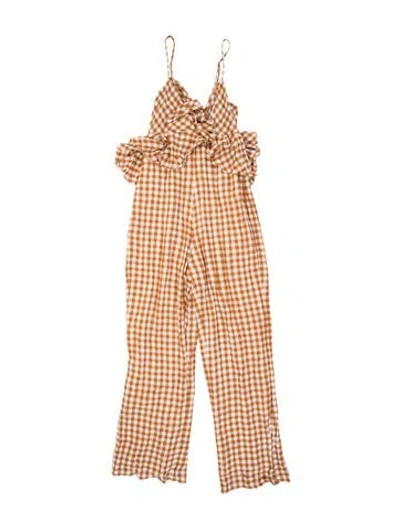 Pre-owned Saylor Plaid Print V-neck Jumpsuit In Orange