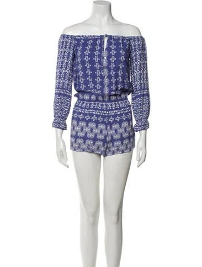 Pre-owned Saylor Printed Off-the-shoulder Romper In Blue