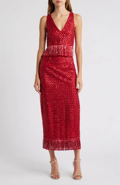 Saylor Randall Beaded Sequin Fringe Cocktail Dress In Ruby