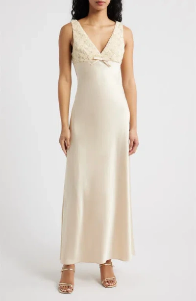 Saylor Serefina Beaded Sleeveless Satin Gown In Neutral
