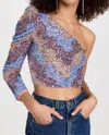 Saylor Tess One Shoulder Long Sleeve Zigzag Sequin Top In Multi In Multi