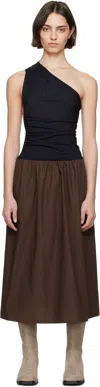 Sc103 Black & Brown Balance Midi Dress In Raven