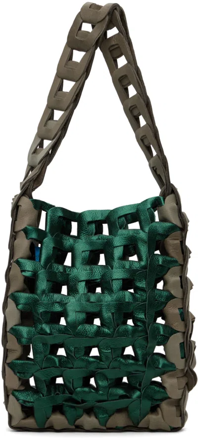 Sc103 Green & Gray Medium Links Tote In Black