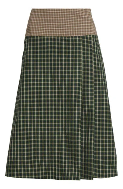 Sc103 Shade Plaid Cotton Midi Skirt In Earth