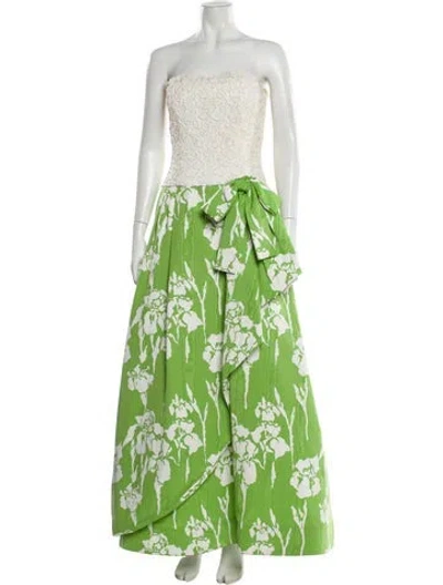 Pre-owned Scaasi Boutique Floral Print Long Dress In Green