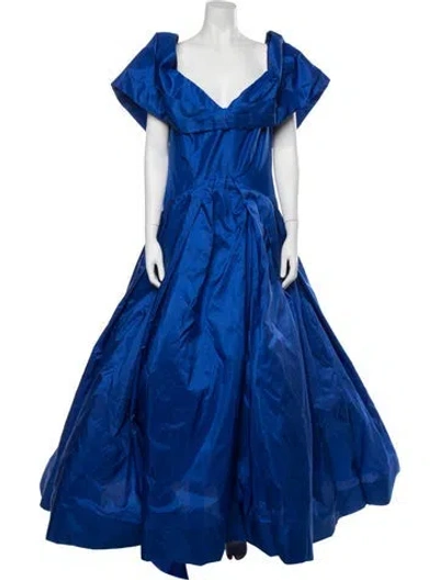 Pre-owned Scaasi Boutique Off-the-shoulder Long Dress In Blue