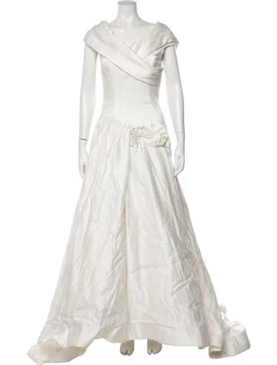 Pre-owned Scaasi Boutique Silk Long Dress In Neutral