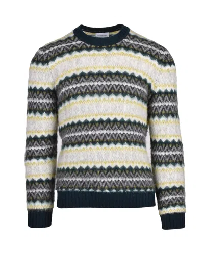 Scaglione Textured Knit Crew Neck Sweater In Green And Grey Hues In Blue