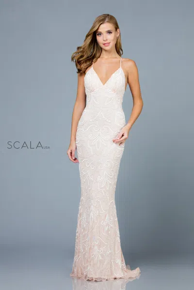Scala 48557 Fitted Long Sequin Wedding Dress In White