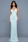 Scala 48710 Long Fitted Formal Prom Beaded Dress In Blue