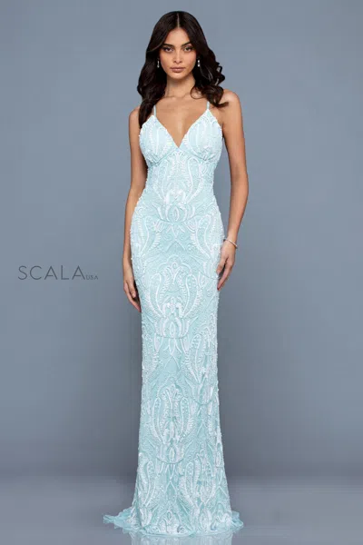 Scala 48710 Long Fitted Formal Prom Beaded Dress In Blue