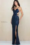 Scala 48931 Formal Long Slit Prom Fitted Dress In Blue