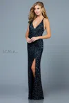 Scala 48949 Fitted Long Sequin Formal Slit Prom Dress In Black