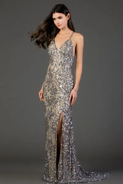 Scala 48977 Slit Long Formal Prom Mermaid Dress In Silver