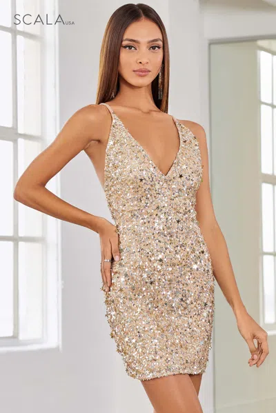 Scala 60060 Short Sequin Mini Homecoming Dress In Neutral