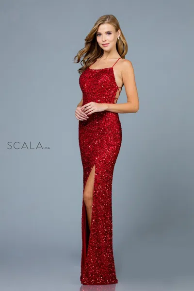 Scala 60100 Fitted Sequin Long Formal Slit Prom Dress In Red