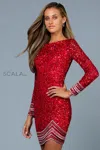 Scala 60167 Long Sleeve Sequins Fitted Short Cocktail Dress In Red