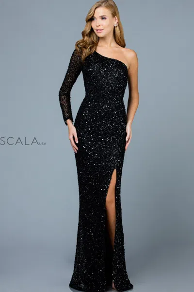 Scala 60205 Fitted Long Slit Formal Evening Prom Dress In Black