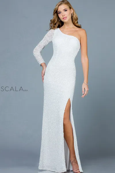 Scala 60205 Long Fitted Slit Wedding Dress In White