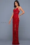 Scala 60256 Formal Long Lace Prom Fitted Dress In Red