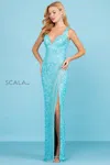 Scala 60259 Long Fitted Slit Formal Beaded Fringe Prom Dress In Blue