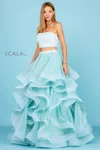 Scala 60268 Long Ball Gown Two Piece Formal Beaded Ruffle Prom Dress In Blue