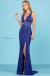 Scala 60301 Long Formal Beaded Sequin Fitted Prom Dress In Blue