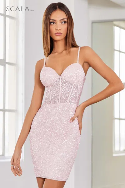 Scala 60306 Sequin Homecoming Short Cocktail Dress In Pink