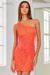 Scala 60307 Homecoming Short Cocktail Sequin Mini Dress In Orange