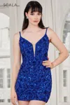 Scala 70119 Homecoming Short Fitted Sequin Corset Cocktail Dress In Blue