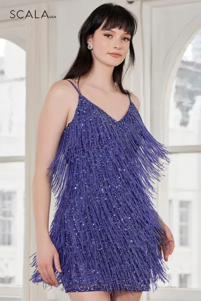Scala 70127 Short Beaded Sequin Homecoming Fringe Cocktail Dress In Purple