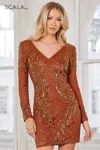 Scala 70138 Fitted Long Sleeve Beaded Sequin Cocktail Dress In Brown