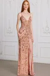 Scala 80104 Prom Long Beaded Floral Sequin Formal Dress In Brown