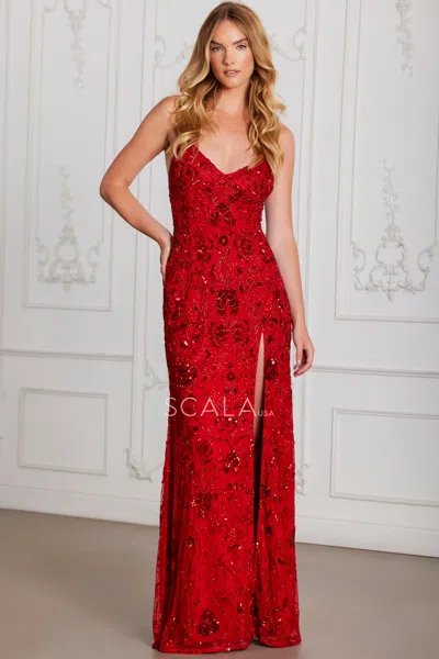 Scala 80107 Long Formal Beaded Sequin Evening Dress In Red
