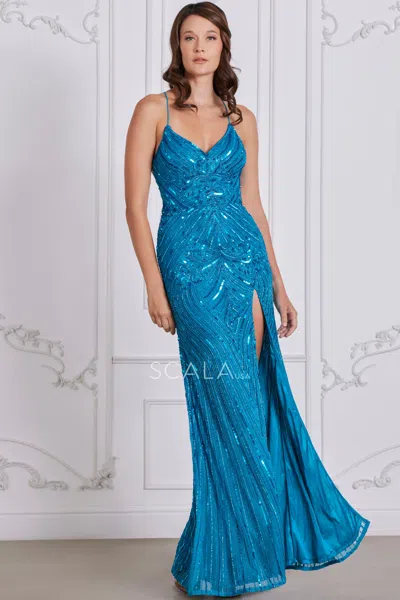 Scala 80108 Fitted Prom Formal Long Beaded Sequin Evening Dress In Blue