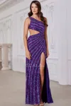 Scala 80110 Fitted Prom Long Formal Beaded Stripe Evening Dress In Purple