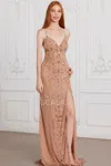 Scala 80112 Long Prom Beaded Formal  Fitted Evening Dress In Brown
