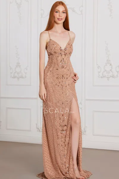 Scala 80112 Long Prom Beaded Formal  Fitted Evening Dress In Brown