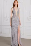 Scala 80121 Prom Beaded Long Formal Slit Evening Dress In Silver