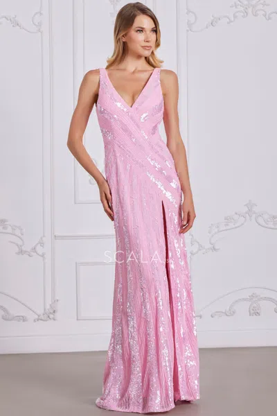 Scala 80133 Prom Long Formal Striped Sequin Evening Dress In Pink
