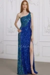 Scala 80135 Prom Sequin Long Beaded Applique Evening Formal Dress In Blue