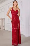 Scala 80136 Prom Long Fitted Slit Sequined Formal Dress In Red