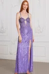 Scala 80137 Long Sequin Formal Beaded Slit Prom Dress In Purple