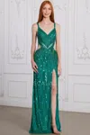 Scala 80139 Long Beaded Formal Slit Prom Dress In Green
