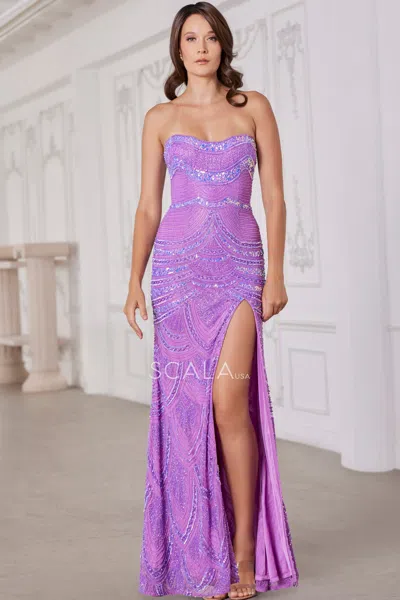 Scala 80145 Fitted Slit Formal Long Sequin Evening Prom Dress In Purple