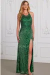 Scala 80150 Sequined Fitted Long Formal Evening Prom Dress In Green