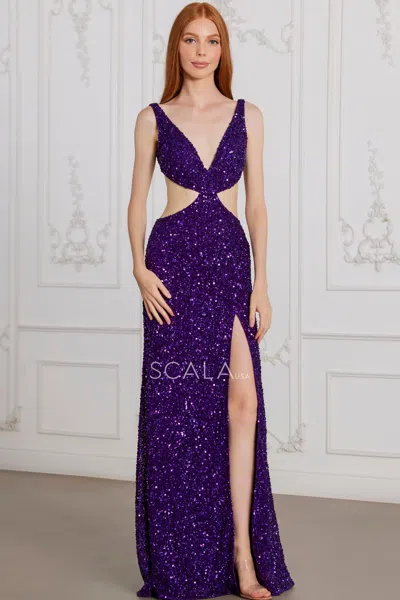 Scala 80154 Prom Long Slit Formal Sequin Evening Dress In Purple
