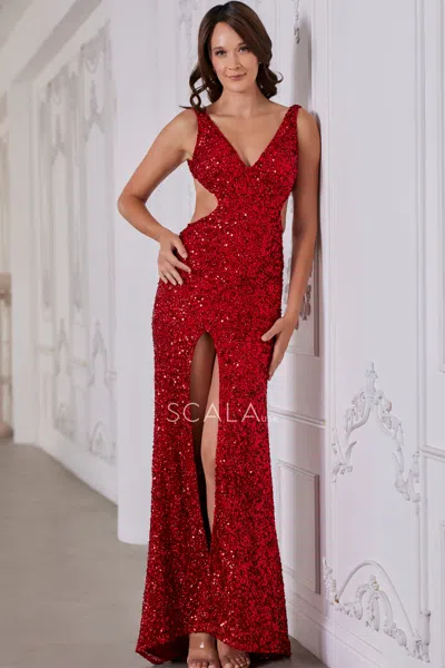Scala 80166 Prom Long Formal Evening Fitted Sequin Dress In Red